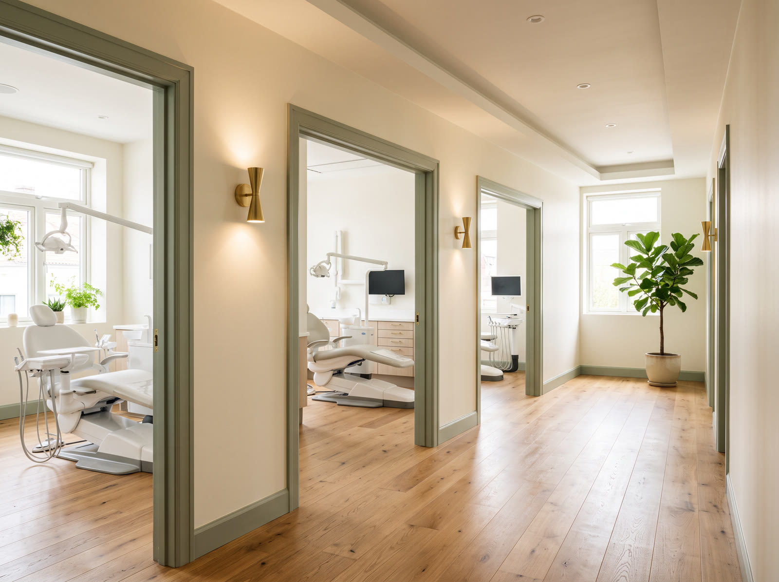 A bright hallway in a multi-room dental clinic