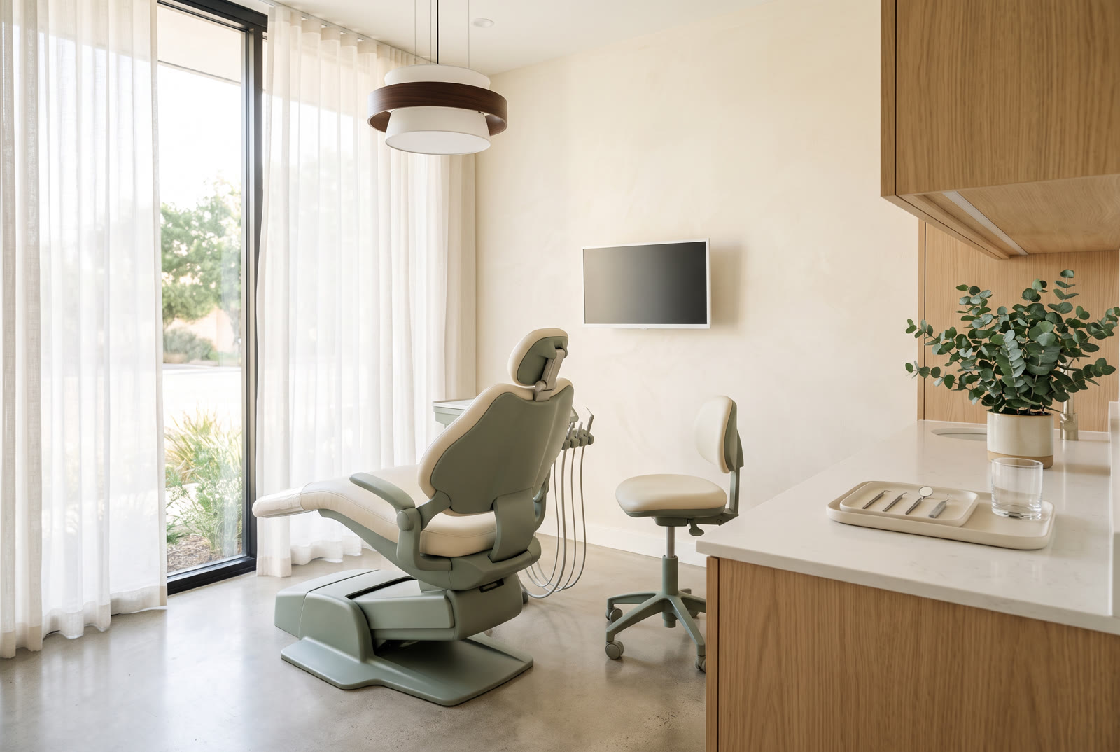 A calm sage-green dental operatory with warm oak cabinetry and soft morning light