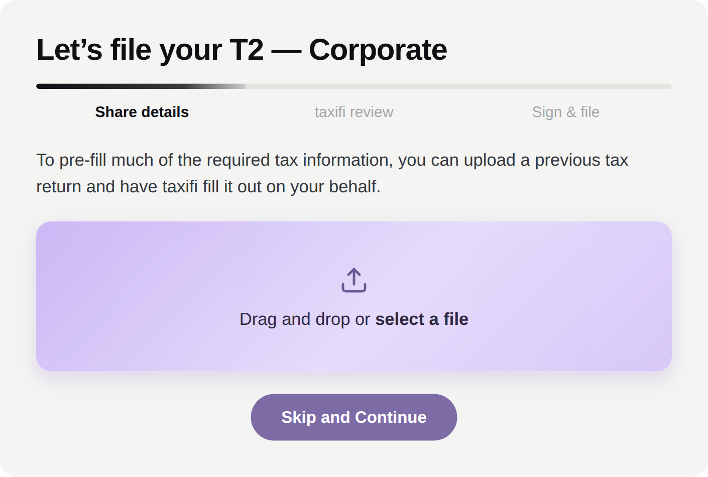 The taxifi T2 corporate tax filing screen: upload a previous return to pre-fill, with steps for Share details, taxifi review, and Sign and file
